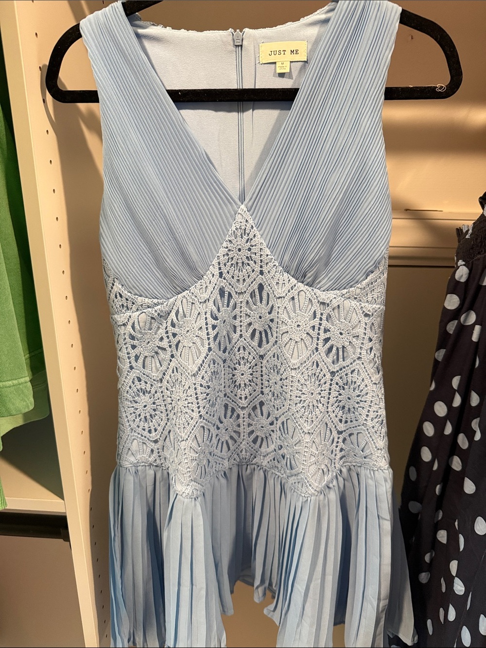 NWOT These Three Just Me Pale Blue Lace-Detail Pleated V-Neck Mini Dress